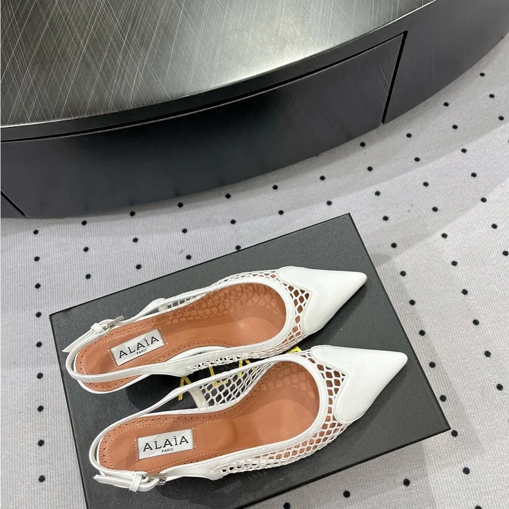 ALAÏA White Mesh Pointed Slingback Heels - Picture 6 of 9